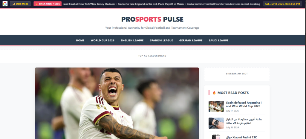 PRO SPORTS PULSE — Responsive Sports News & Soccer Tournament Theme for Blogger (AdSense Ready + Dark Mode)